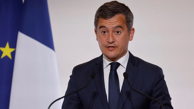 French Minister of Interior Gerald Darmanin speaks during a news conference on the government strategy for the ongoing coronavirus disease (COVID-19) pandemic, Paris, France, April 22, 2021. Ludovic Marin/Pool via Reuters