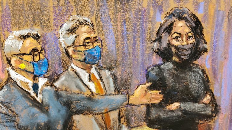 Defendant lawyer Bobby Sternheim stands by Jeffrey Pagliuka at a pre-trial hearing on alleged sexual trafficking on November 23, 2021, in a court sketch in New York City, USA. Points to Maxwell.Reuters / Jane Rosenberg
