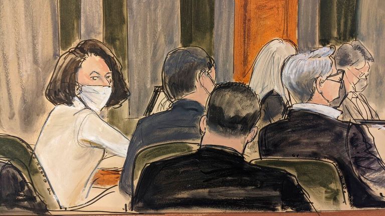 A courtroom sketch of Ghislaine Maxwell sitting at the defence table during the final stages of jury selection 