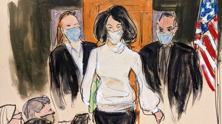 In this courtroom sketch, Ghislaine Maxwell enters the courtroom escorted by US Marshalls at the start of her trial