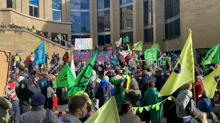 A ‘Greenwash Greed Kills’ March is about to start through Glasgow. Pic James MAtthews 