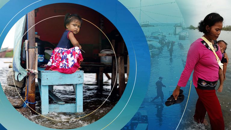 Composite from 2x reuters stills
A mother carries her baby as a child wades behind on a street flooded with sea water in Mayangan village in Subang
FILE PHOTO: Shaqueena Dwi Arsyilla sits on a bench at Kali Adem port, north of Jakarta