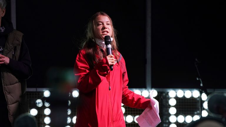 Greta Thunberg speaks on the stage of a demonstration in Glasgow. Pic: AP