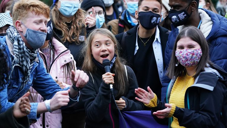 Greta Thunberg alongside fellow climate activists during a demonstration at Festival Park, Glasgow, on the first day of the Cop26 summit. Picture date: Monday November 1, 2021.
