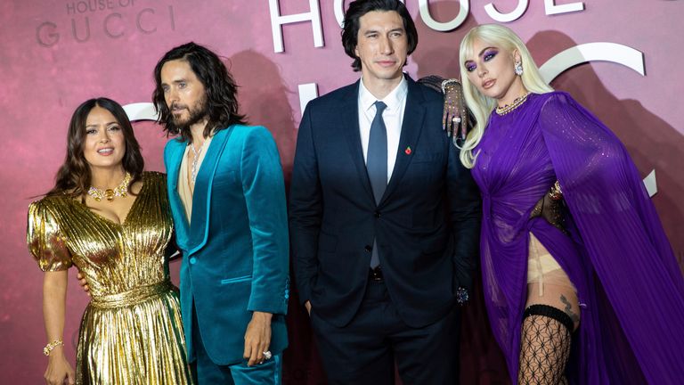 Lady Gaga, from right, Adam Driver, Jared Leto and Salma Hayek at the House of Gucci premiere Pic: AP