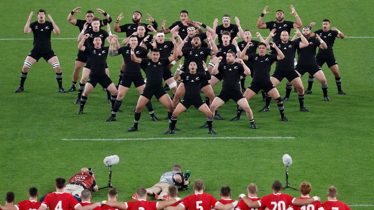 The New Zealand All Blacks performing the haka