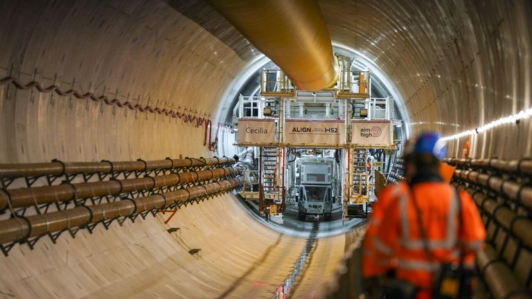 One of the two tunnelling machines at the south portal HS2 align compound, in Rickmansworth, Hertfordshire. Picture date: Wednesday November 3, 2021.