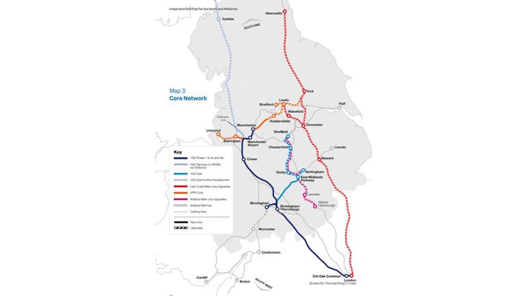 The new HS2 lines will go from London to Birmingham up to Crewe and Manchester and from Birmingham to the East Midlands
