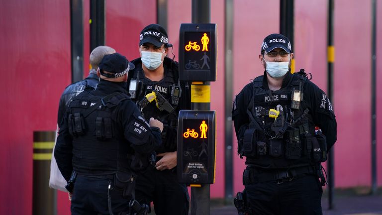 Police officers at the scene where protesters from Insulate Britain are blocking Great Charles Street Queensway in Birmingham. Picture date: Tuesday November 2, 2021.

