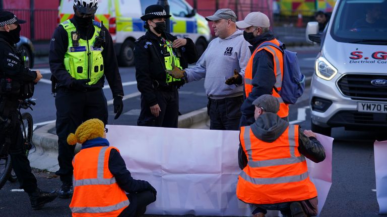 Motorists argue with protesters from Insulate Britain who are blocking Great Charles Street Queensway in Birmingham. Picture date: Tuesday November 2, 2021.
