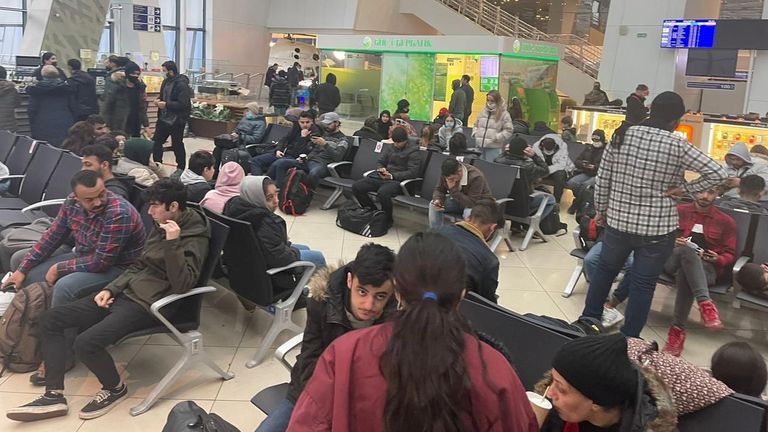 Iraqi migrants wait for evacuation flight at Minsk airport, Belarus November 18, 2021. Iraqi Foreign Ministry media office/Handout via REUTERS ATTENTION EDITORS - THIS IMAGE WAS PROVIDED BY A THIRD PARTY.
