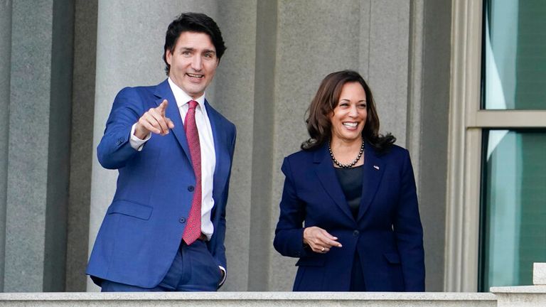 Vice President Kamala Harris is pictured at the White House with Canadian PM Justin Trudeau on Thursday. Pic: AP