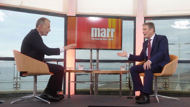 For use in the UK, Ireland or the Benelux countries, only a BBC photo of Labor leader Sir Keir Starmer (right) appears on BBC1's current affairs programme, The Andrew Marr Show.
