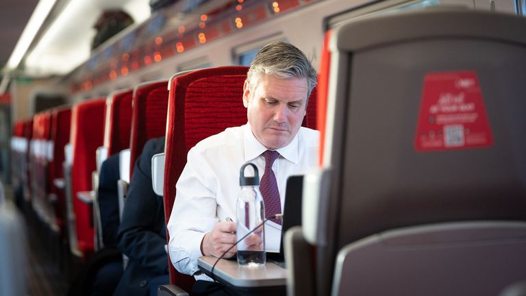 Labour leader Sir Keir Starmer travels by train to Leeds and Bradford where he will discuss the government&#39;s announcement of the future of the integrated Rail Plan. Picture date: Thursday November 18, 2021.
