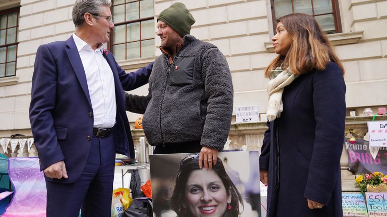 Labour leader Keir Starmer meets with Richard Ratcliffe, the husband of Iranian detainee Nazanin Zaghari-Ratcliffe, watched by her MP, Tulip Siddiq (right), outside the Foreign Office in London, on day 17 of his continued hunger strike following his wife losing her latest appeal in Iran. Picture date: Tuesday November 9, 2021.
