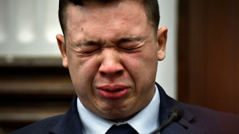 Kyle Rittenhouse breaks down on the stand as he testifies about his encounter with the late Joseph Rosenbaum during his trial at the Kenosha County Courthouse in Kenosha, Wisconsin, November 10, 2021. Sean Krajacic/Pool via REUTERS
