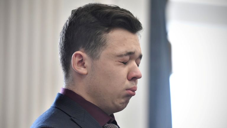 Kyle Rittenhouse reacts to the verdict during his trial at the Kenosha County Courthouse.