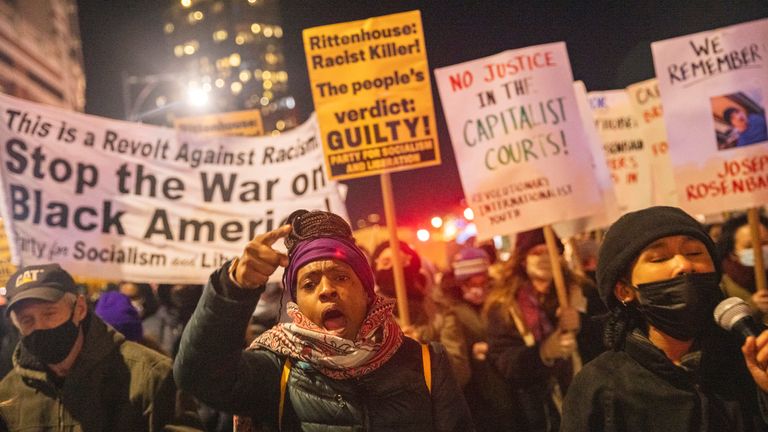 People march at a protest in New York City.  Photo: AP