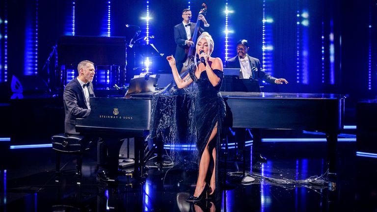 Lady Gaga celebrated the launch of her new jazz album with Tony Bennett on the stage of Westfield's exclusive global streaming event to fans on Line 204 in Los Angeles.Photo: Christopher Pork / Westfield Vision / AP Image