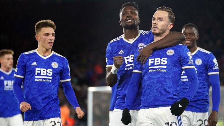 Leicester City&#39;s James Maddison (second right) celebrates scoring their side&#39;s second goal