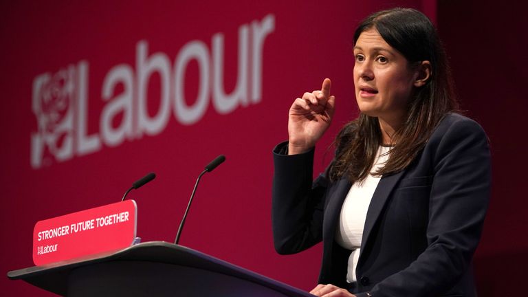 Lisa Nandy delivers a speech at Labour's party conference in Brighton