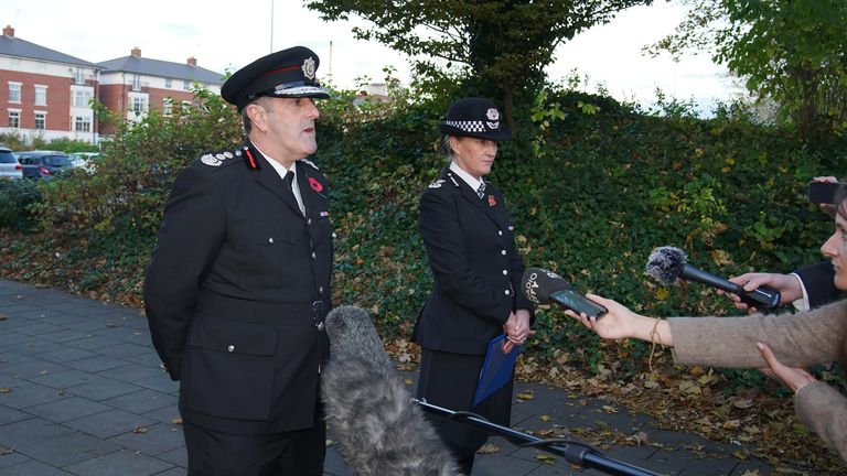 Chief Fire Officer of Merseyside Fire and Rescue Service Phil Garrigan with Merseyside chief constable Serena Kennedy speaking to the media outside Liverpool Women&#39;s Hospita