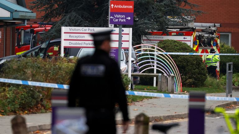 Police keep guard near the scene of a car blast at Liverpool Women&#39;s Hospital in Liverpool, Britain, November 15, 2021. REUTERS/Phil Noble
