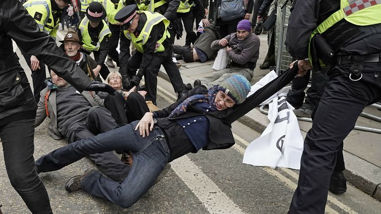 Protesters are dragged from the road in central London