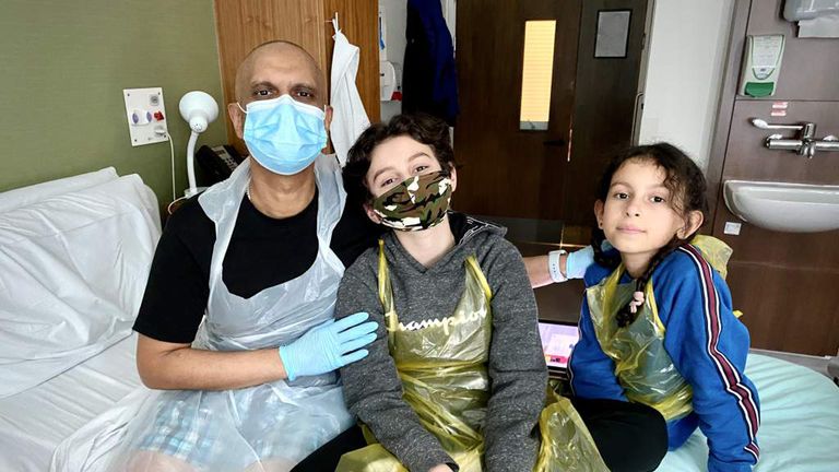  Hedley Dindoyal, 50, who was diagnosed with non-Hodgkin lymphoma in May 2020, with his wife Lucy and children Milo, 12 and Jasmine, 9