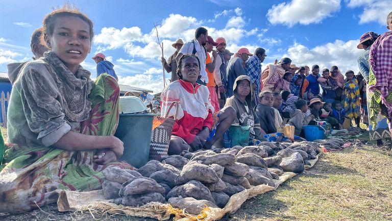 A group of sweet potato sellers at the market near the southern town of Tsiombe