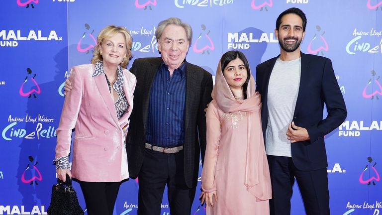 (left to right) Madeleine Gurdon, Andrew Lloyd Webber, Malala Yousafzai, and her husband Asser Malik arriving for a special gala performance of Sir Andrew&#39;s production of Cinderella, to support the Malala Fund, at the Gillian Lynne Theatre in London. Picture date: Monday November 22, 2021. 