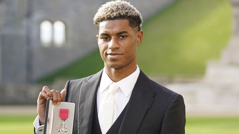 Footballer Marcus Rashford after receiving his MBE for services to Vulnerable Children in the UK during COVID-19 