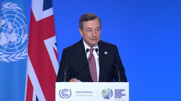 Italy Prime minister Mario Draghi during his Cop26 speech 