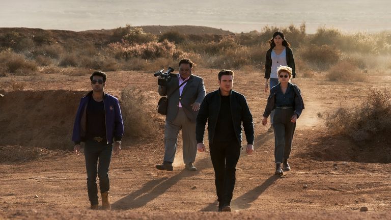 (L-R): Kingo (Kumail Nanjiani), Karun (Harish Patel), Ikaris (Richard Madden), Sprite (Lia McHugh), and Sersi (Gemma Chan) in Marvel Studios&#39; ETERNALS. Photo by Sophie Mutevelian. .. 2021 Marvel Studios. All Rights Reserved. 