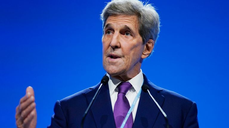 John Kerry, United States Special Presidential Envoy for Climate, speaks at an event about the ...Global Methane Pledge... at the COP26 U.N. Climate Summit, Tuesday, Nov. 2, 2021, in Glasgow, Scotland. (AP Photo/Evan Vucci)
PIC:AP