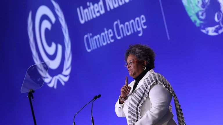 Barbados Prime Minister Mia Amor Mottley delivers a speech during the opening ceremony for the Cop26 summit at the Scottish Event Campus (SEC) in Glasgow. Picture date: Monday November 1, 2021.

