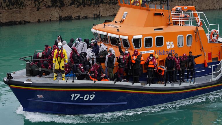 A group of people thought to be migrants are brought in to Dover, Kent, on board the Dover lifeboat, following a small boat incident in the Channel. Picture date: Thursday November 11, 2021.