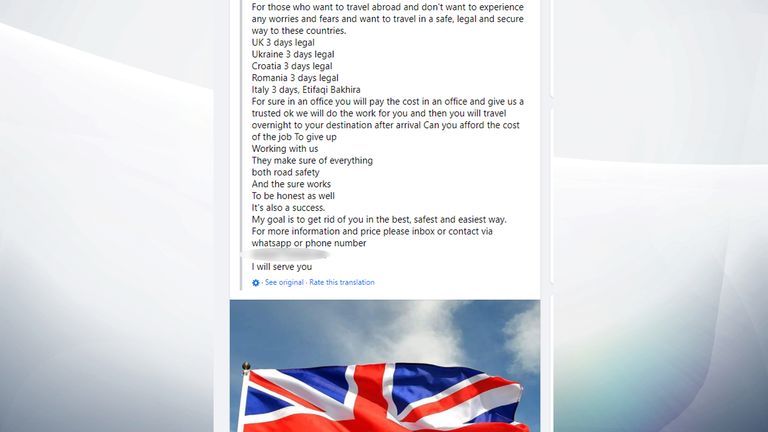 Smugglers are posting adverts on Facebook, such as this one which provides a phone number  