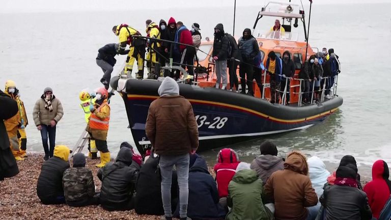 Migrants, including young children, were brought ashore by a rescue vessel after crossing the Channel.