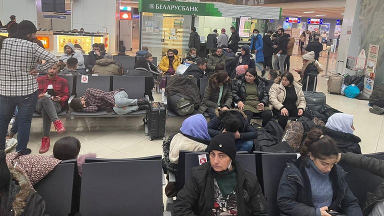 Iraqi migrants wait for evacuation flight at Minsk airport, Belarus November 18, 2021. Iraqi Foreign Ministry media office/Handout via REUTERS ATTENTION EDITORS - THIS IMAGE WAS PROVIDED BY A THIRD PARTY.
