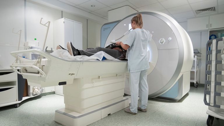 January 20, 2020, Baden-WÃ¼rttemberg, ---: A woman lies in radiology in a magnetic resonance imaging (MRI) machine (scene posed).  Photo by: Marijan Murat / picture-alliance / dpa / AP Images
