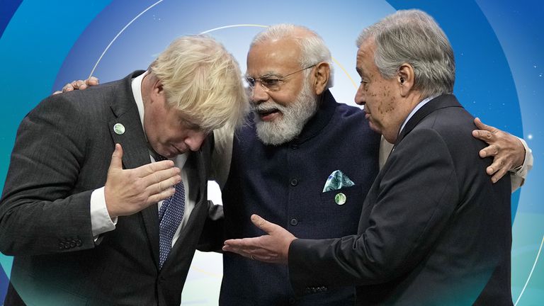 India&#39;s Prime Minister Narendra Modi (centre) with Boris Johnson and UN Secretary-General Antonio Guterres at COP26