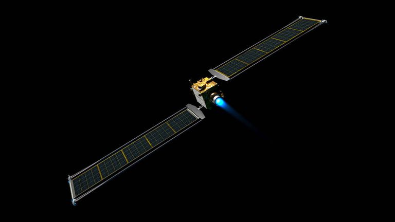 Illustration of the DART spacecraft with the Roll Out Solar Arrays extended. Image credit: NASA 