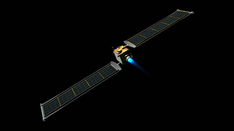 Illustration of the DART spacecraft with the Roll Out Solar Arrays extended. Image credit: NASA
