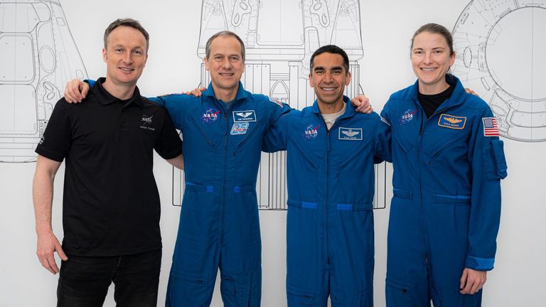 SpaceX Crew-3 astronauts (from left) Matthias Maurer, Thomas Marshburn, Raja Chari and Kayla Barron pose for a portrait during preflight training at SpaceX headquarters in Hawthorne, California. Photo credit: SpaceX 