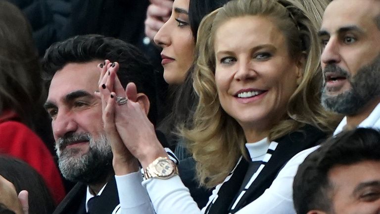 New Newcastle United chairman Yasir Al-Rumayyan (left) and Amanda Staveley prior to kick-off in the Premier League match at St. James&#39; Park, Newcastle. Picture date: Sunday October 17, 2021.