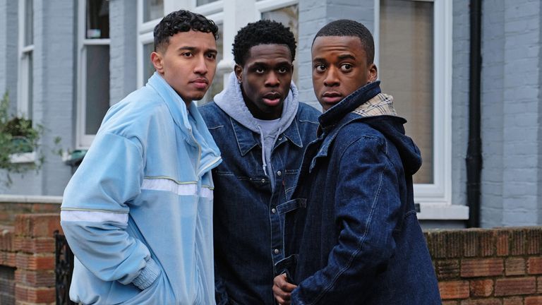 Reda Elazouar, Jordan Peters and Elliot Edusah in Reggie Yates&#39;s Pirates. Pic: Charlotte Croft