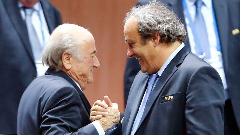 File picture of UEFA President Michel Platini (R) congratulating FIFA President Sepp Blatter after he was re-elected at the 65th FIFA Congress in Zurich, Switzerland, May 29, 2015.  Suspended FIFA President Blatter and European soccer boss Platini were both banned for eight years December 21, 2015 by FIFA&#39;s Ethics Committee. The pair, who have also been fined, had been suspended for 90 days in October while an investigation was carried out into a 2 million Swiss franc ($2.02 million) payment by FIFA to Platini in 2011. Both men have denied any wrongdoing.    REUTERS/Arnd Wiegmann TPX IMAGES OF THE DAY
