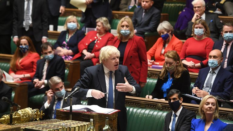 Britain&#39;s Prime Minister Boris Johnson speaks during Prime Minister&#39;s Questions session in London, Britain November 24, 2021. UK Parliament/Jessica Taylor/Handout via REUTERS ATTENTION EDITORS - THIS IMAGE HAS BEEN SUPPLIED BY A THIRD PARTY. MANDATORY CREDIT. NO ALTERATIONS
