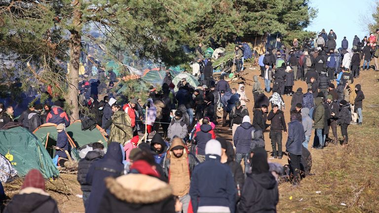 Migrants gather on the Belarusian-Polish border in an attempt to cross it in the Grodno region, Belarus November 9, 2021. Leonid Scheglov/BelTA/Handout via REUTERS ATTENTION EDITORS - THIS IMAGE HAS BEEN SUPPLIED BY A THIRD PARTY. NO RESALES. NO ARCHIVE. MANDATORY CREDIT.  